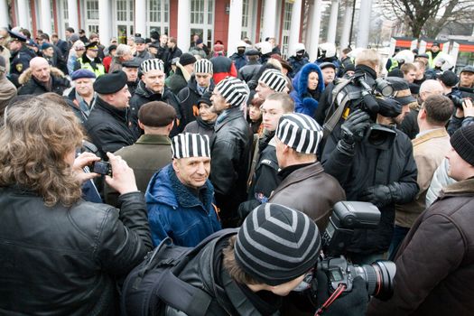 Riga, Latvia, March 16, 2009. Protestors of Commemoration of the Latvian Waffen SS unit or Legionnaires.The event is always drawing crowds of nationalist supporters and anti-fascist demonstrators. Many Latvians legionnaires were forcibly called uo to join the Latvian SS Legion.