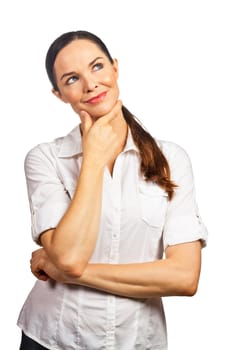 Portrait of young beautiful business woman looking contemplative. Isolated over white