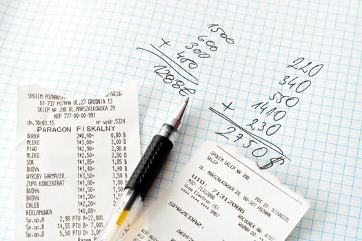 Shopping bills and calculations on a white paper
