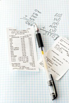 Shopping bills and calculations on a white paper
