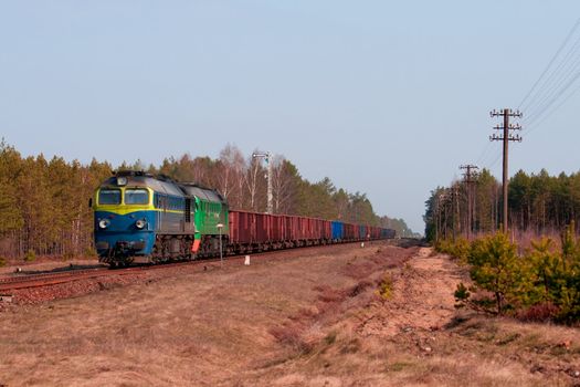 Freight train hauled by two diesel locomotives passing the forest
