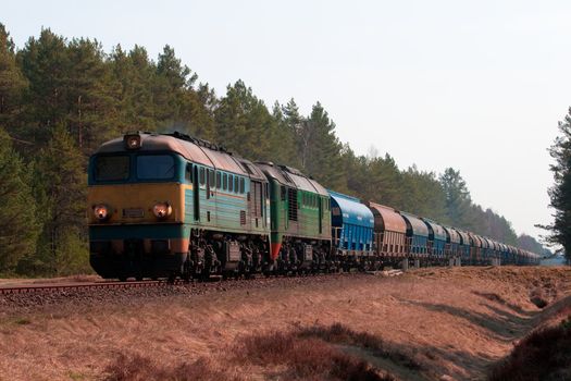 Freight train hauled by two diesel locomotives passing the forest
