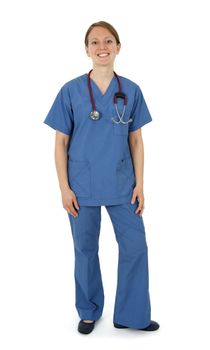 Happy young nurse in blue uniform, on white background.
