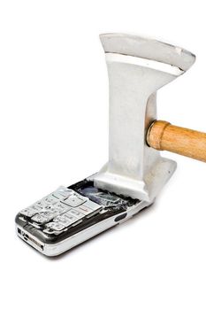 Meat tenderizer smashing cellular phone isolated on the white background