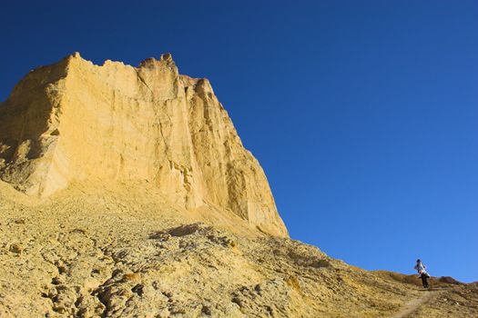 Desert landscape with multicolored yellow clay and salt mineral deposits in geological formations of Death Valley National Park