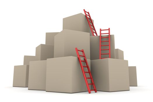 a pile of cardboard boxes - three red glossy ladders are used to climb to the top