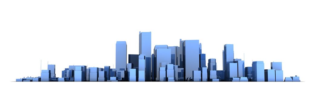 wide 3D cityscape model in shiny blue with a white background - buildings are casting no shadows