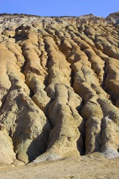 Erosion desert landscape with multicolored yellow, green purple and blue clay mineral deposits in geological formations of Death Valley National Park
