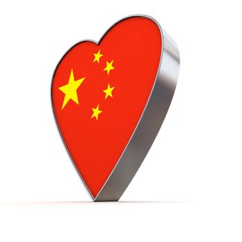 shiny metallic 3d heart of silver/chrome - front surface shows the chinese flag