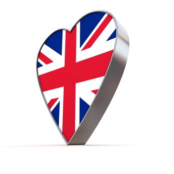 shiny metallic 3d heart of silver/chrome - front surface shows the United Kingdom flag