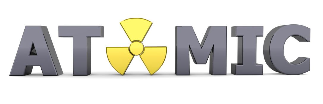 shiny black word ATOMIC - a shiny yellow nuclear sign is replacing the letter A