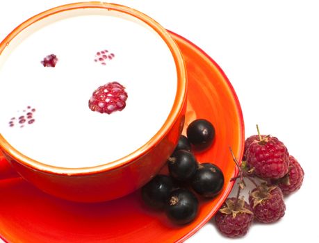 сup of milk with berries isolate on white 