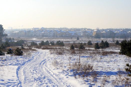 Snowy road between the meadows during wintertime