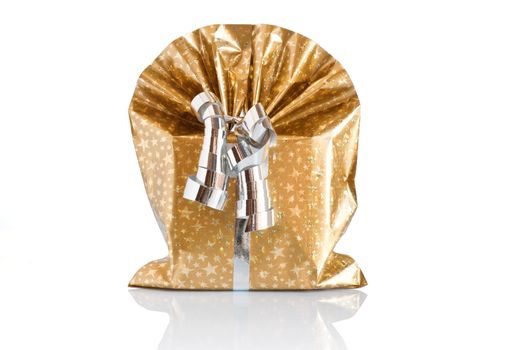 golden gift box with silver ribbon isolated on white background with clipping path