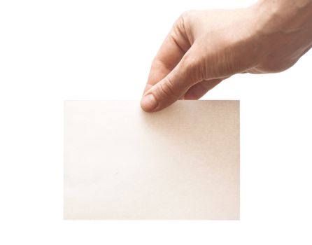 hand holding white empty paper isolate on white