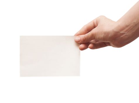 hand holding white empty paper isolate on white