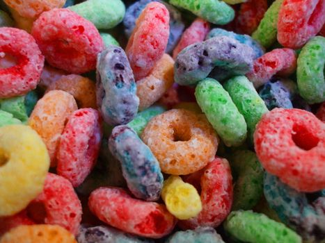 Sweet fruit cereal close up showing vivid colors.