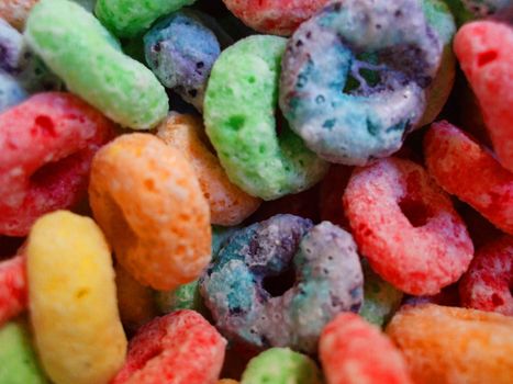 Sweet fruit cereal close up showing vivid colors.