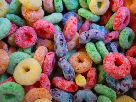 Sweet fruit cereal close up showing vivid colors.