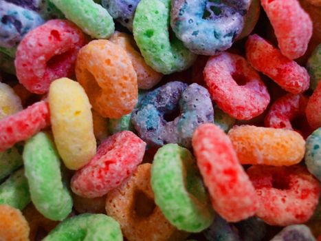 Sweet fruit cereal close up showing vivid colors.