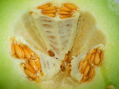 Close up of a honeydew melon on a plate.