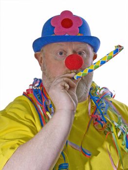 Clown with red hat, false nose and yellow pipe