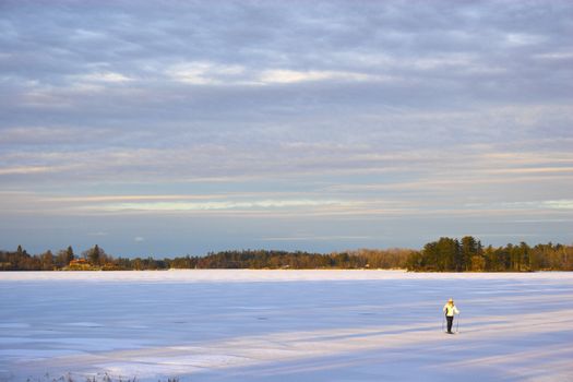 Cross-country winter skiing on the lake�s ice in Voyager National Park