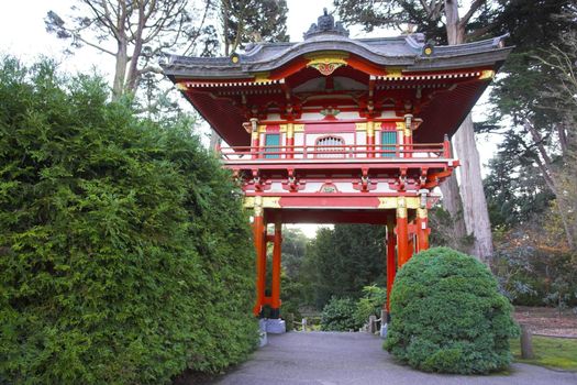 Red pagoda in Japanese garden in San Francisco, California