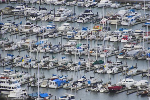 View of rows of yachts from Coit Tower, San Francisco, California