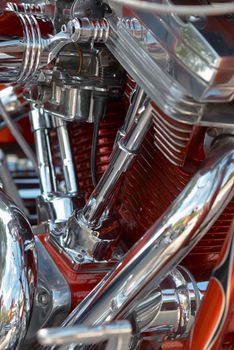 Detail take of a powerful v-twin motorbike engine