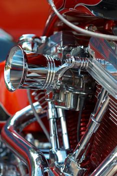 Shiny v-twin motorbike engine of a customized chopper bike