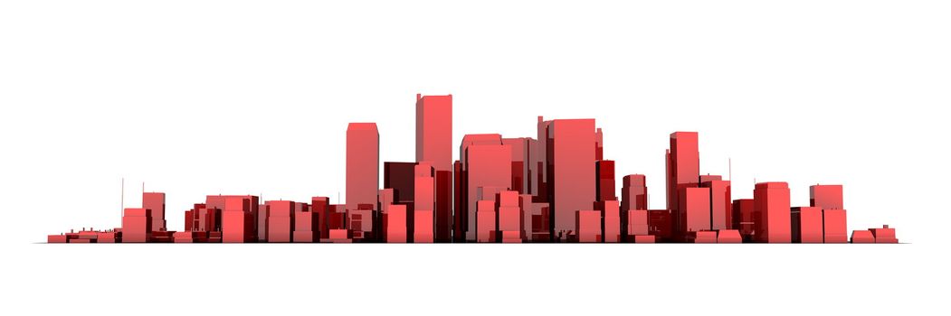 wide 3D cityscape model in shiny red  with a white background - buildings are casting no shadows