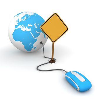 blue computer mouse is connected to a blue globe - surfing and browsing is blocked by a yellow warning sign that cuts the cable - sign as an empty template for your own text