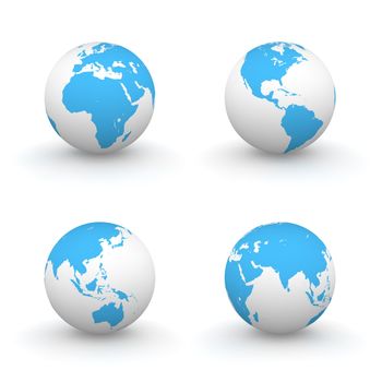 four views of a 3D globe with blue continents and a white ocean