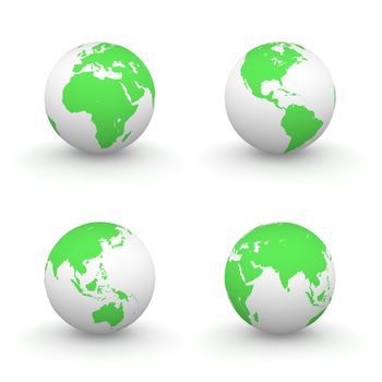 four views of a 3D globe with green continents and a white ocean