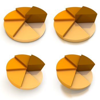 colured pie chart - six shades of orange-brown  - four views