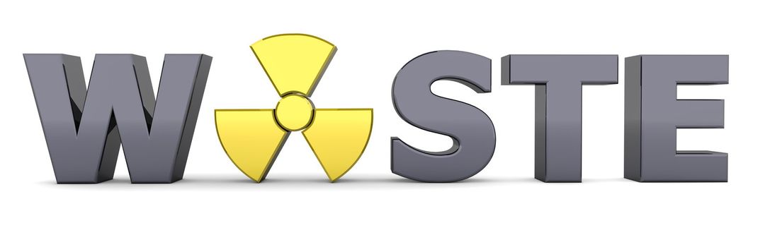 shiny black word WASTE - a shiny yellow nuclear sign is replacing the letter A