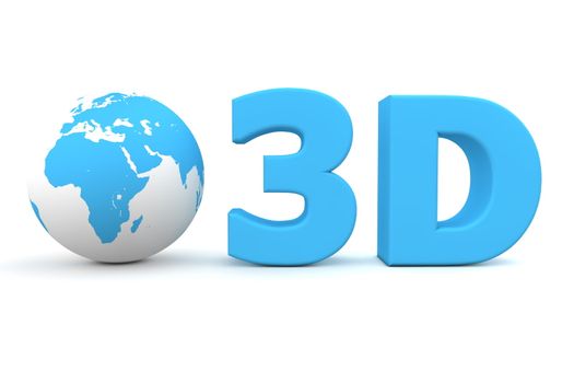 matt blue word 3D with a 3D globe - front view