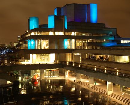 Night view of the Royal National Theatre in London, iconic sixties new brutalist architecture