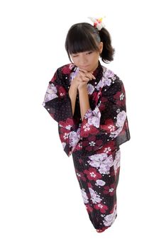 Cute Japanese girl with yukata, full length portrait isolated on white.