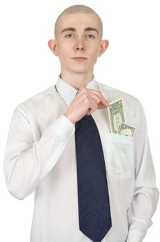 The man in a white shirt with money in a pocket