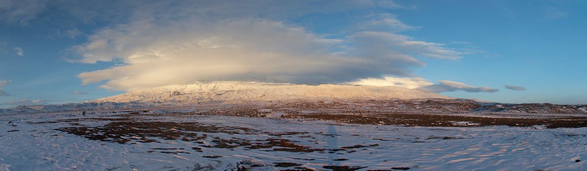 Winter sunset panoramic image from the valley to the south of Ararat. Mount Ararat (Agri Dagi) is an inactive volcano located near Iranian and Armenian borders and the tallest peak in Turkey.