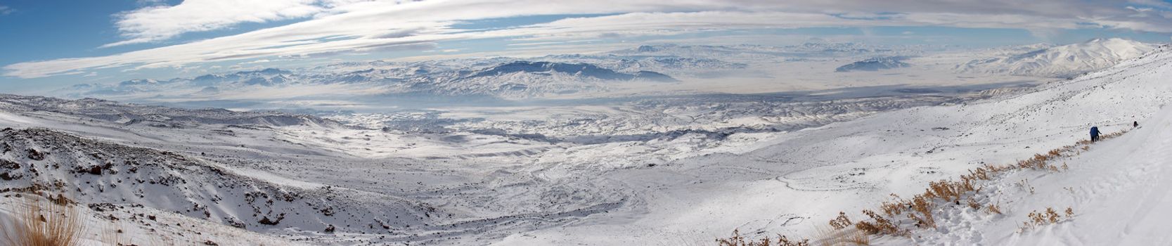 Winter panorama from Ararat slopes in the direction of Iran. Mount Ararat (Agri Dagi) is an inactive volcano located near Iranian and Armenian borders and the tallest peak in Turkey.