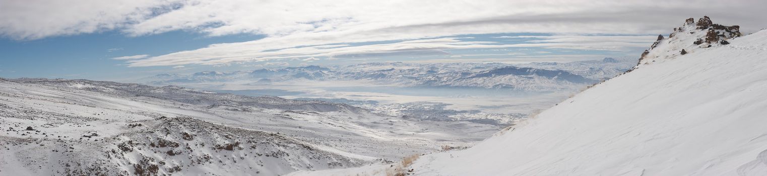 Winter panorama from Ararat slopes in the direction of Iran. Mount Ararat (Agri Dagi) is an inactive volcano located near Iranian and Armenian borders and the tallest peak in Turkey.