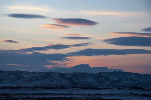 Winter sunset shot from the valley to the south of Ararat. Mount Ararat (Agri Dagi) is an inactive volcano located near Iranian and Armenian borders and the tallest peak in Turkey.