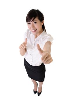 Happy business woman give you double excellent gesture.