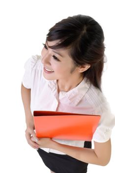 Secretary holding files with smiling expression against white.