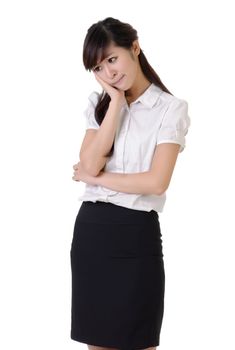 Worried business woman with frustrate expression against white background.