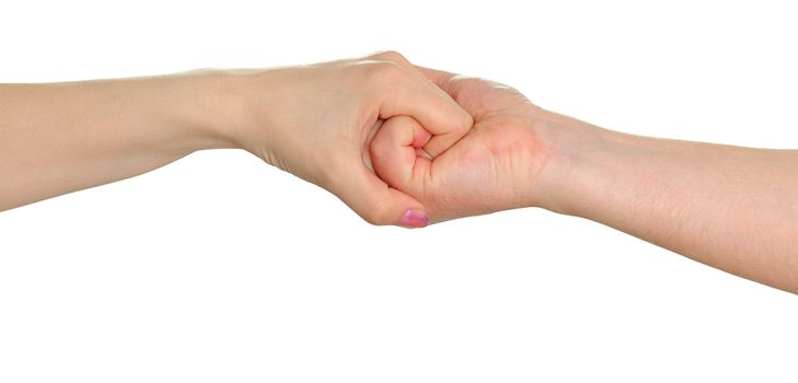 Man's and female hand isolated on white background