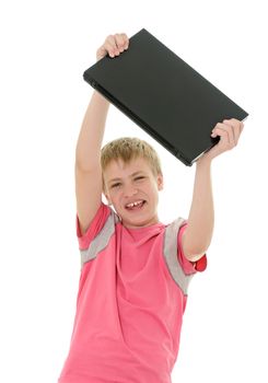 The joyful teenager with laptop isolated on white background